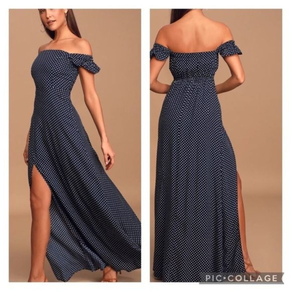 Lulus Dream Love Navy Polka Dot Maxi Dress XS Off Shoulder